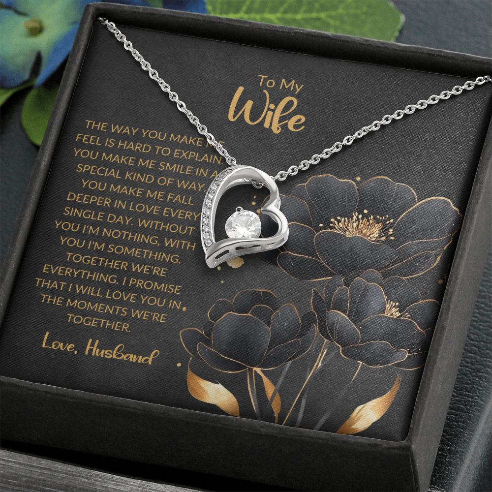 "To My Wife" Heart Pendant Necklace – Elegant Silver or Gold Tone with Cubic Zirconia and Sentimental Message Card