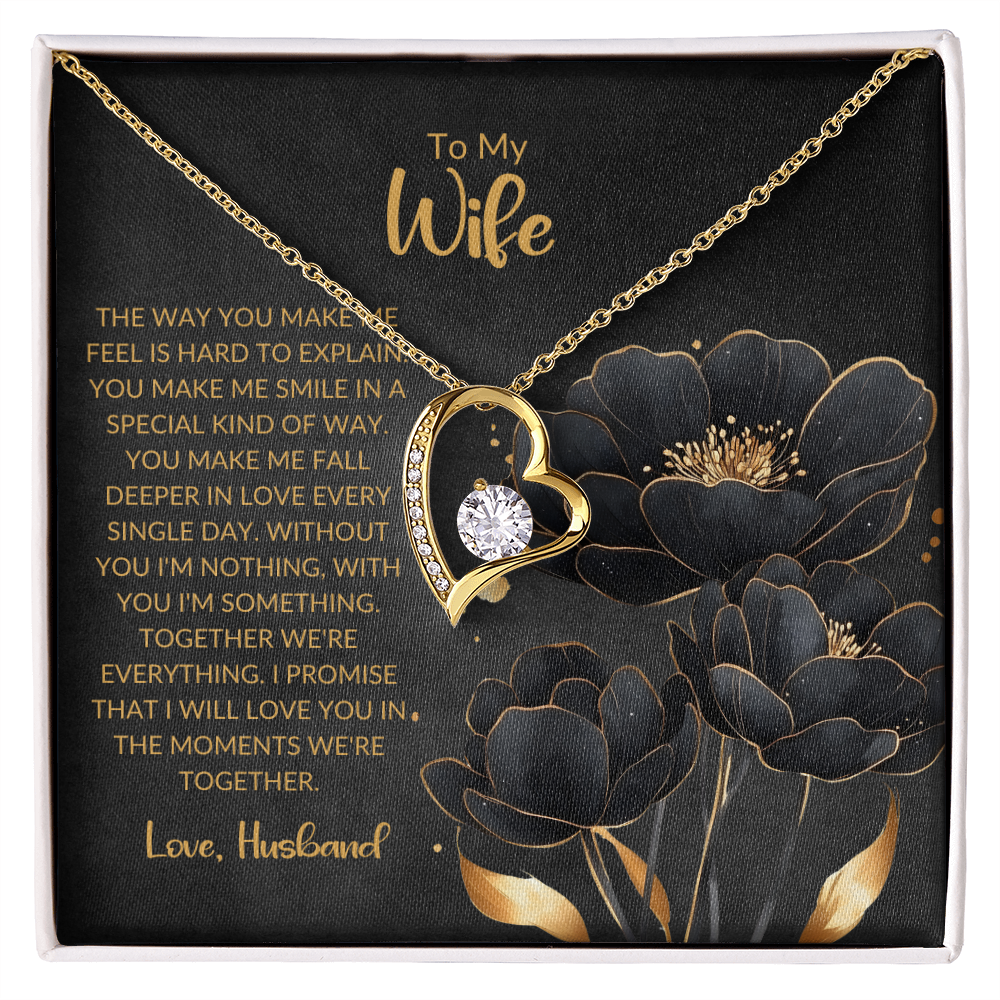 "To My Wife" Heart Pendant Necklace – Elegant Silver or Gold Tone with Cubic Zirconia and Sentimental Message Card