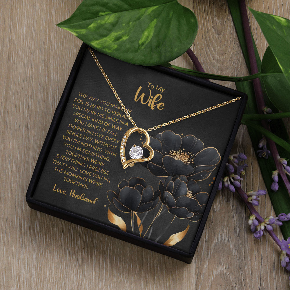 "To My Wife" Heart Pendant Necklace – Elegant Silver or Gold Tone with Cubic Zirconia and Sentimental Message Card