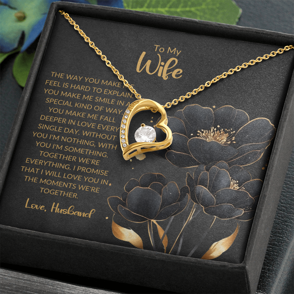 "To My Wife" Heart Pendant Necklace – Elegant Silver or Gold Tone with Cubic Zirconia and Sentimental Message Card