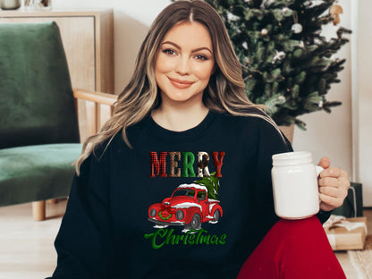 Merry Christmas Red Truck Cow Leopard Buffalo Print Sweatshirt, Christmas Sweater - Mardonyx Sweatshirt