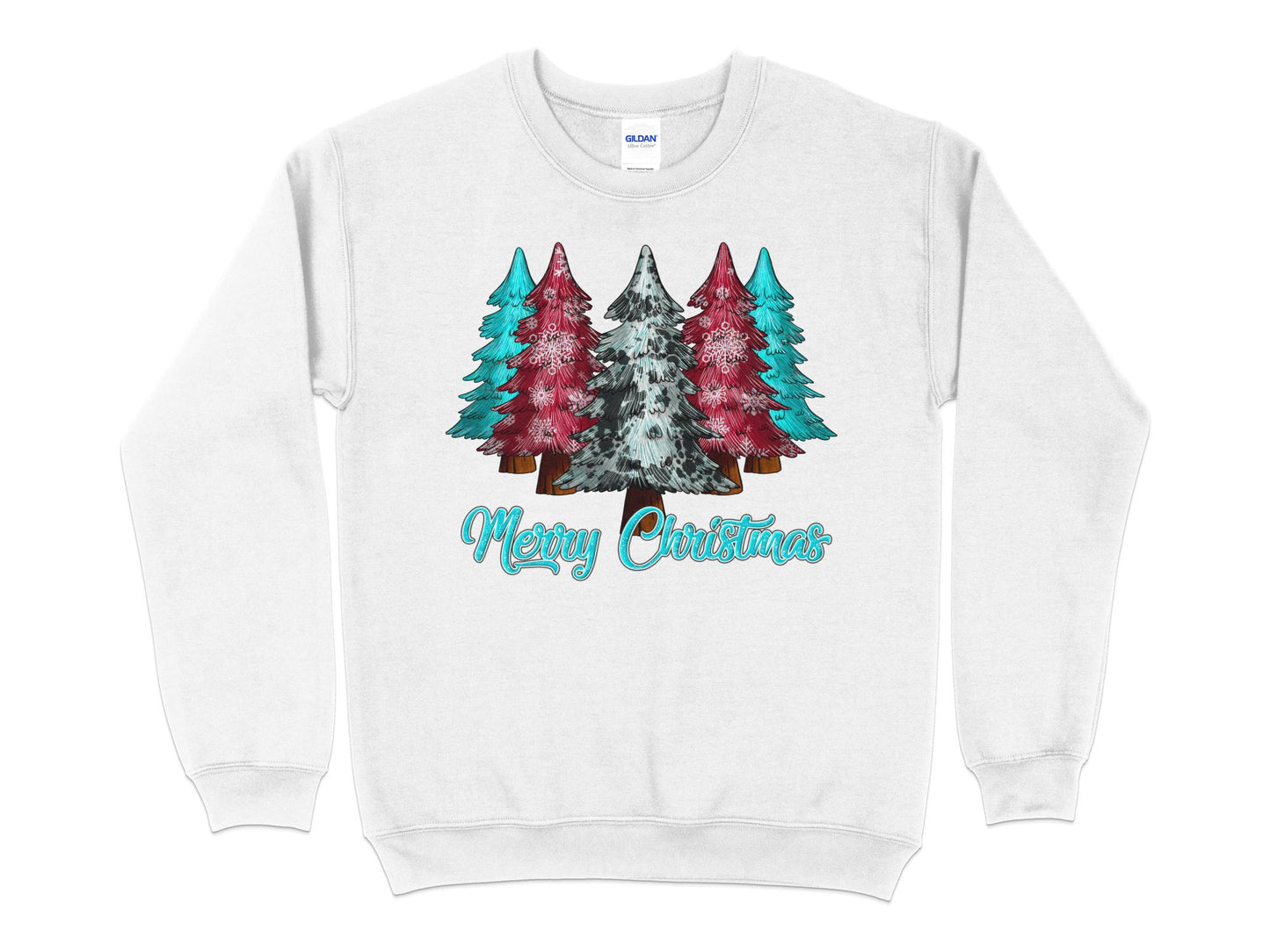 Merry Christmas Pink Blue Tree Shirt, Christmas Sweatshirt, Merry Christmas Shirt, Cute Christmas Tees for Women, Holiday Shirt - Mardonyx Sweatshirt S / White