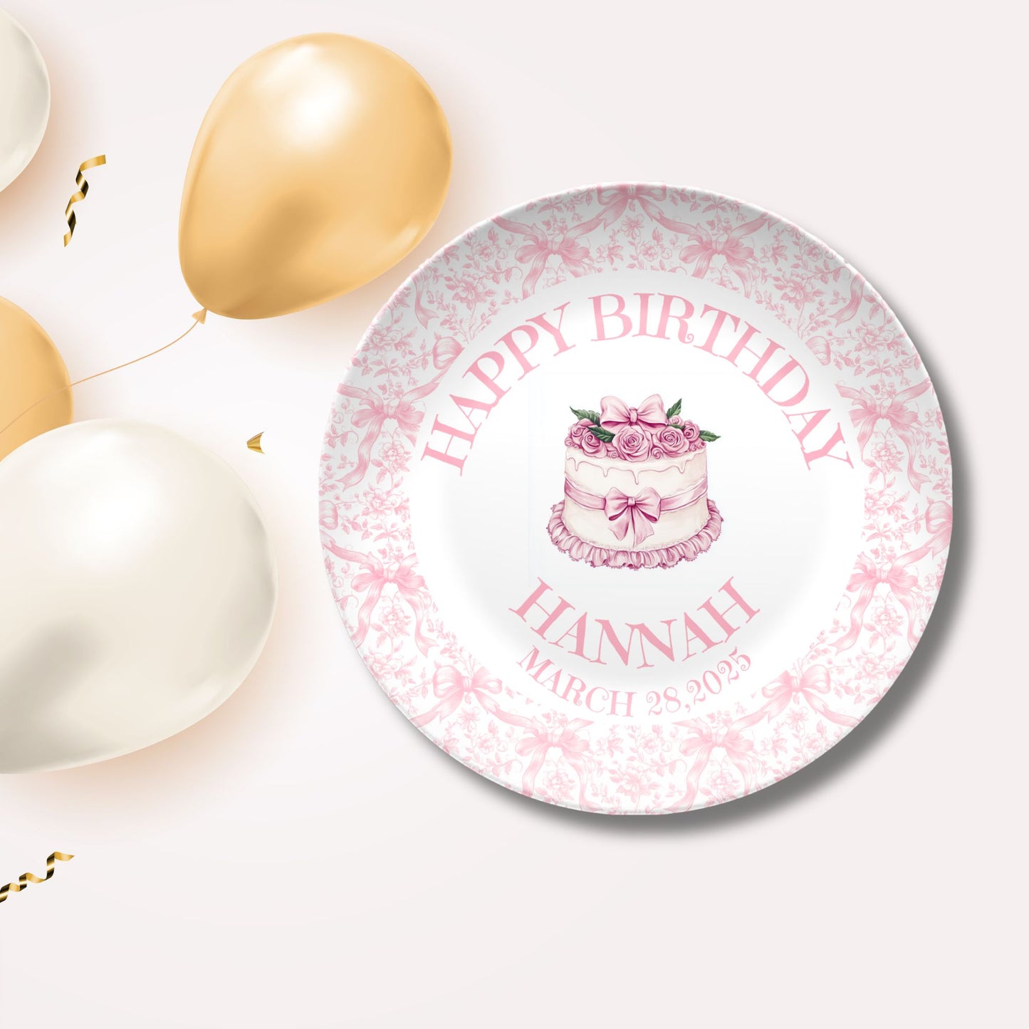 Preppy Girls Birthday Plate - Pink Coquette Bow Ribbon First Birthday - Pink & White Smash Cake 1st Birthday - Coquette Style