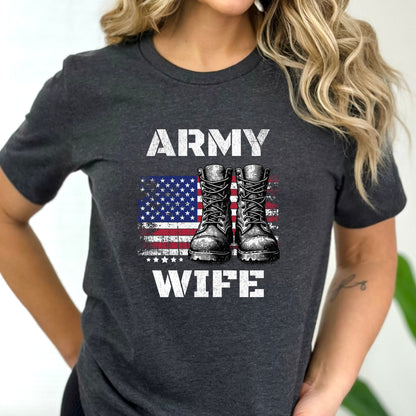 Army Wife Vintage American Flag and Boots T-Shirt, Patriotic Military Shirt - Mardonyx T-Shirt XS / Dark Grey Heather