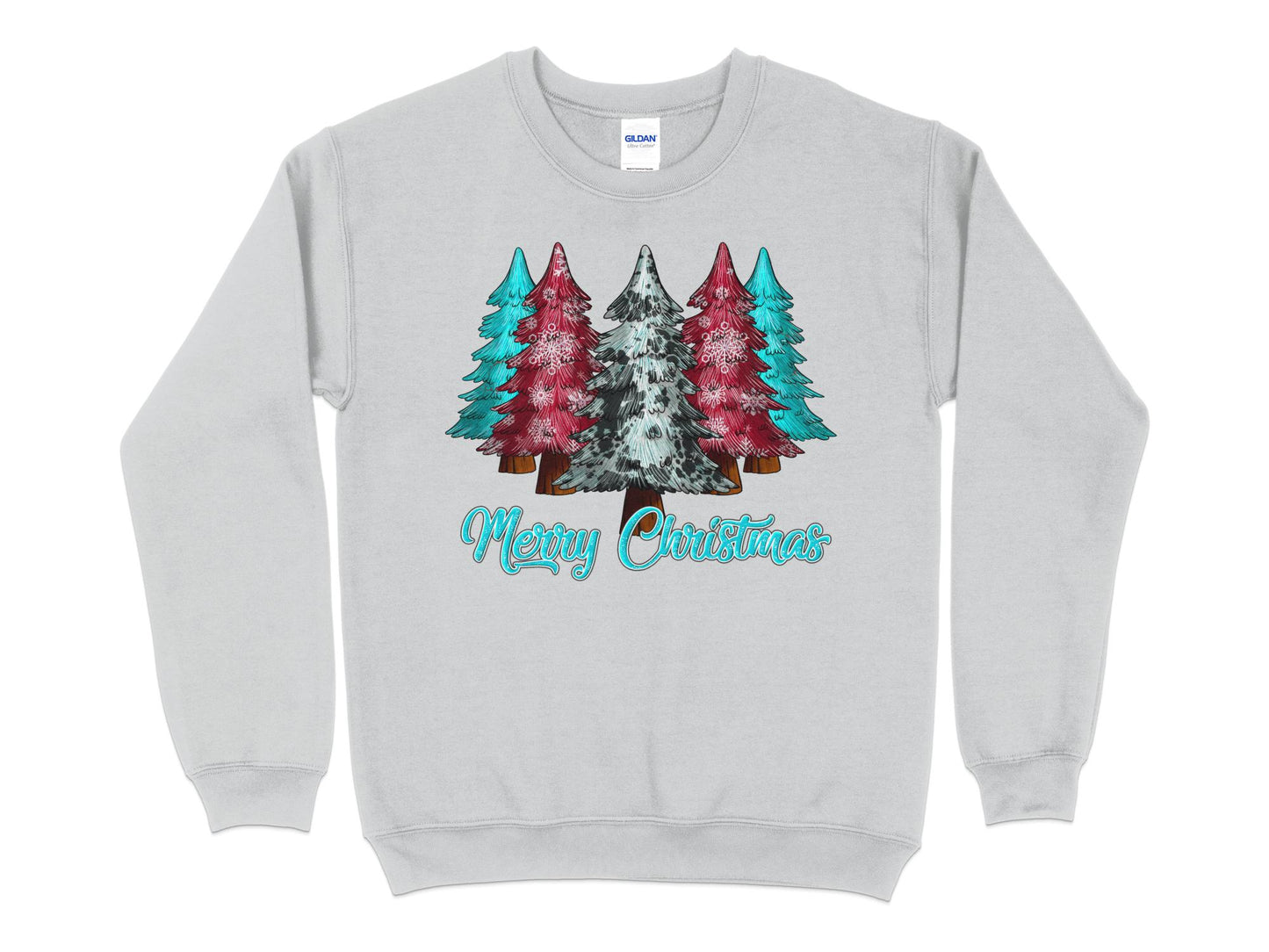 Merry Christmas Pink Blue Tree Shirt, Christmas Sweatshirt, Merry Christmas Shirt, Cute Christmas Tees for Women, Holiday Shirt - Mardonyx Sweatshirt S / Sport Grey