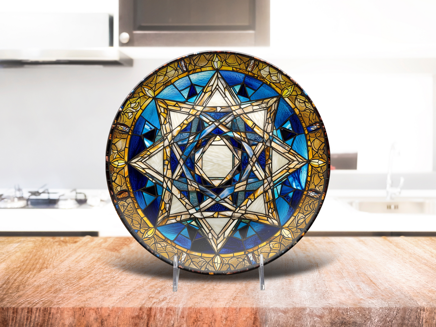 Star of David Plate – Unbreakable Judaica Dish, Stained Glass Design, 10" Jewish Holiday Plate, Microwave & Dishwasher Safe, Hanukkah Gift