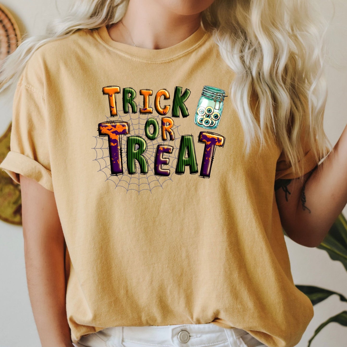 Women's Trick or Treat Eyeballs Spiderweb Halloween T-Shirt