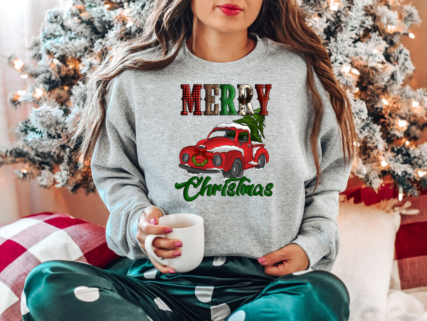 Merry Christmas Red Truck Cow Leopard Buffalo Print Sweatshirt, Christmas Sweater - Mardonyx Sweatshirt