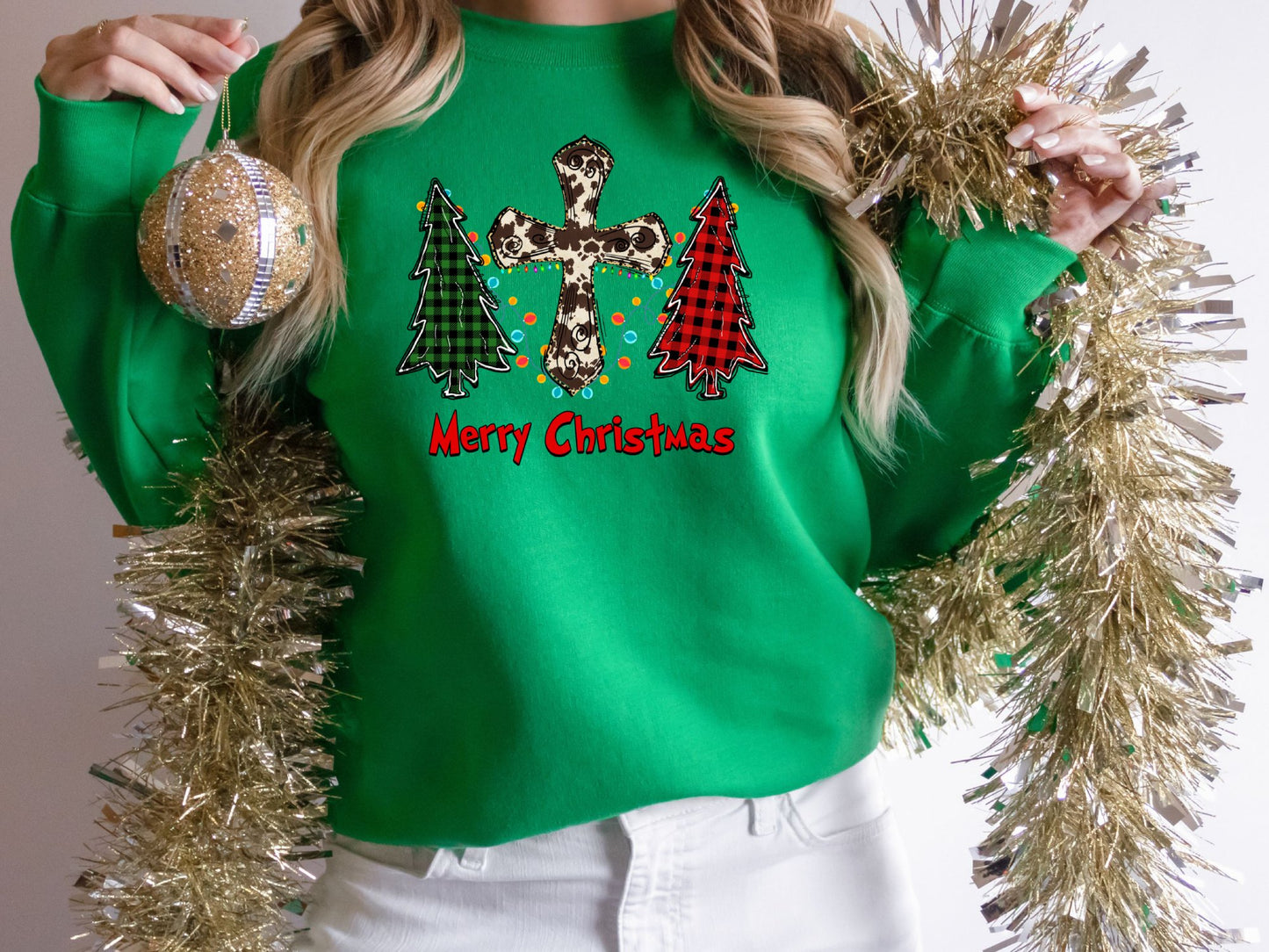 Merry Christmas Cow Print Cross Buffalo Plaid Tree Sweatshirt, Christmas Sweater, Cute Christmas Shirt, Holiday Shirt, Xmas Gifts - Mardonyx Sweatshirt