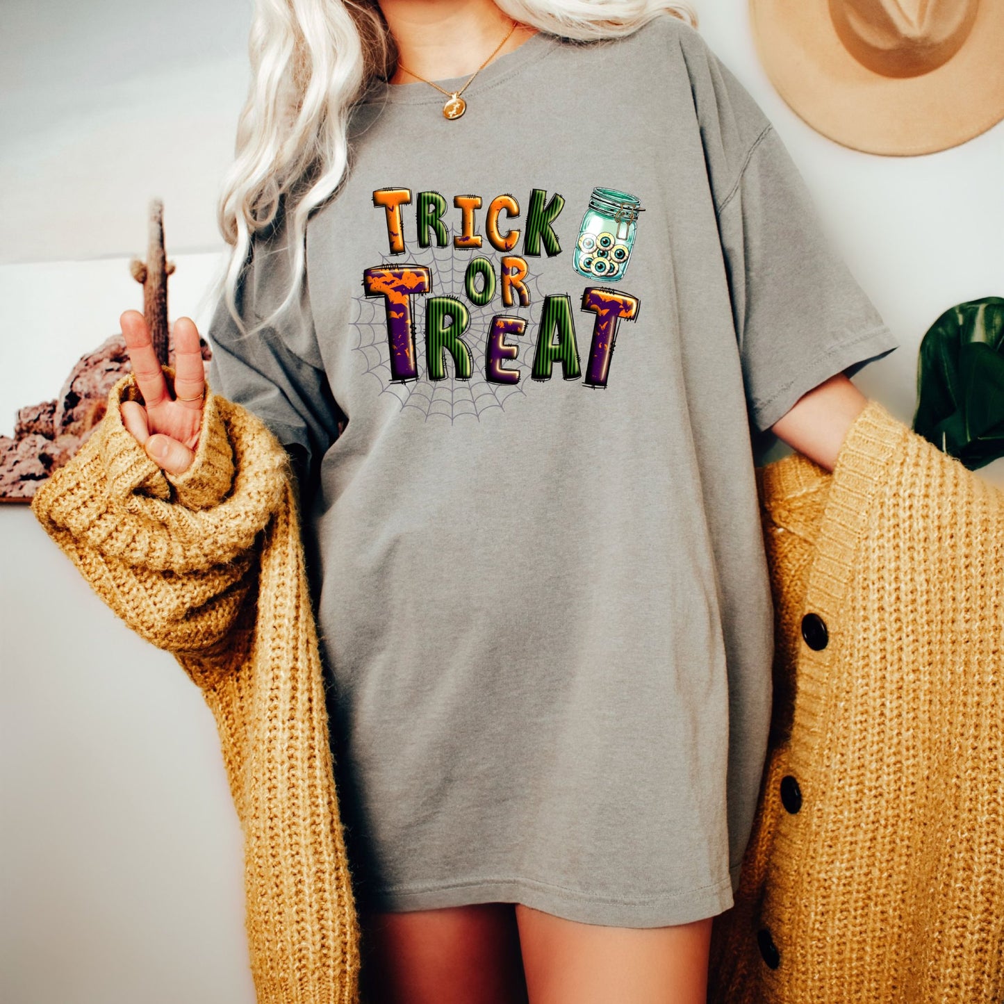 Women's Trick or Treat Eyeballs Spiderweb Halloween T-Shirt