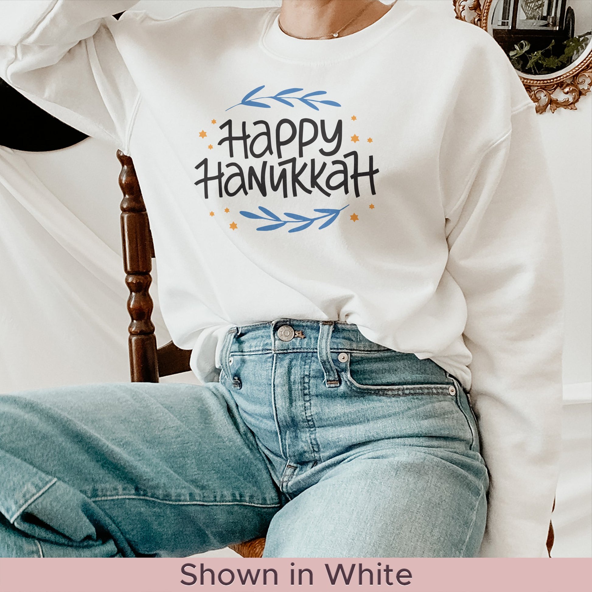 Hanukkah Sweatshirt, Happy Hannukkah - Mardonyx Sweatshirt S / White