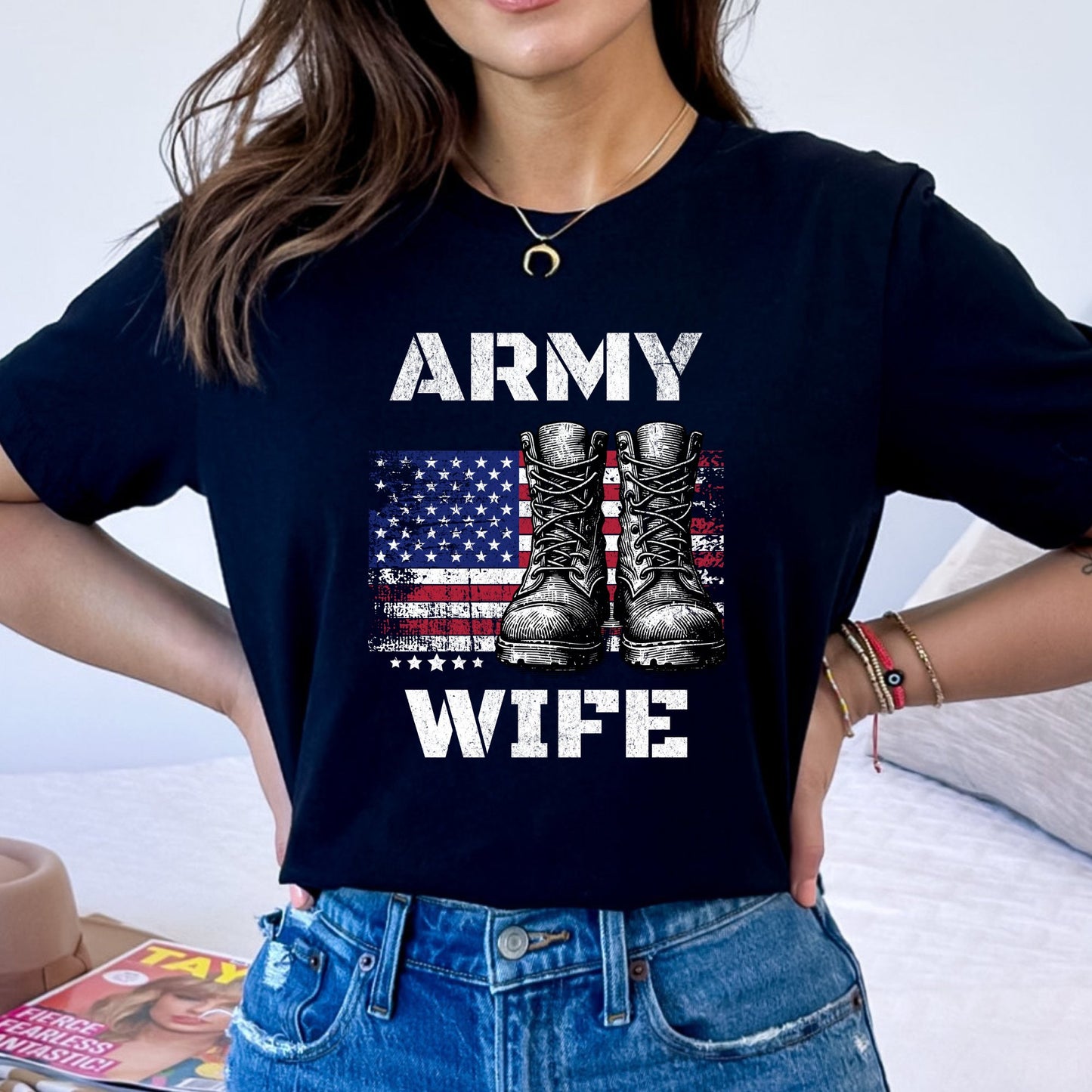 Army Wife Vintage American Flag and Boots T-Shirt, Patriotic Military Shirt - Mardonyx T-Shirt XS / Solid Black Blend