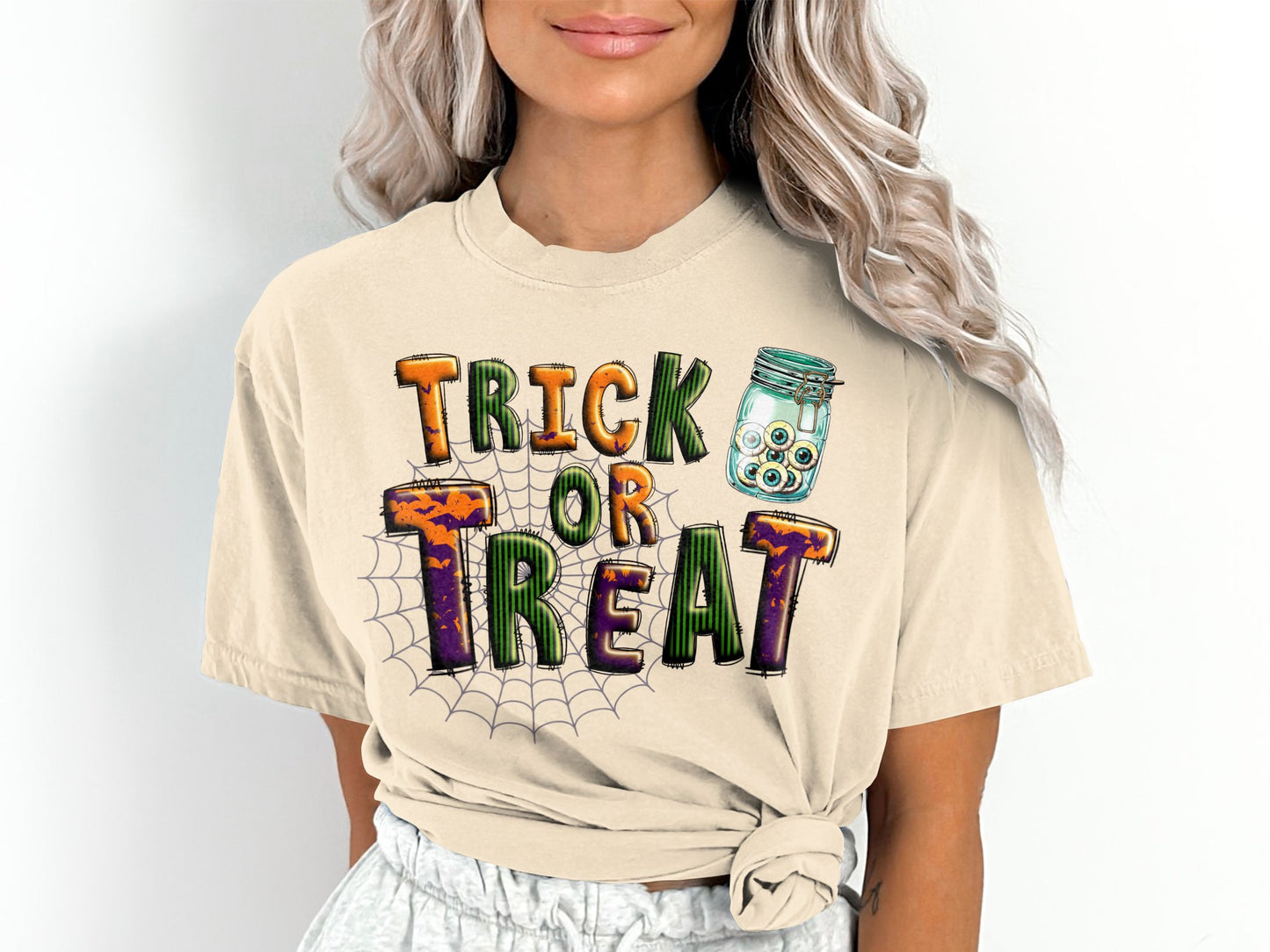 Women's Trick or Treat Eyeballs Spiderweb Halloween T-Shirt
