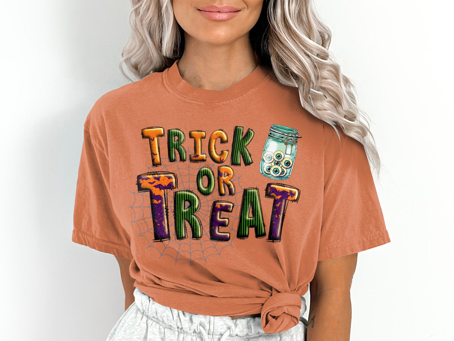 Women's Trick or Treat Eyeballs Spiderweb Halloween T-Shirt