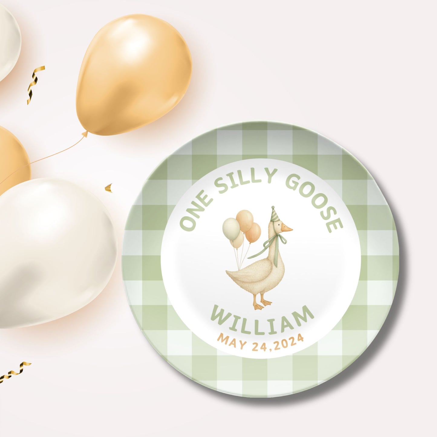 Personalized One Silly Goose Smash Cake Plate - Coquette Gingham Birthday Custom Party Plate