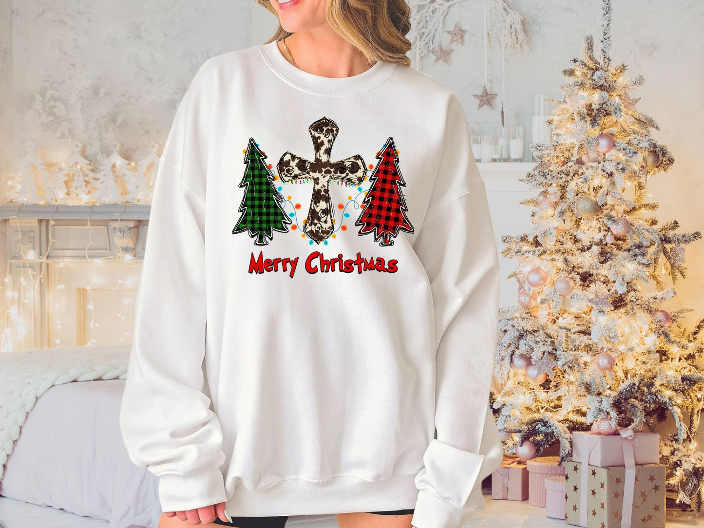 Merry Christmas Cow Print Cross Buffalo Plaid Tree Sweatshirt, Christmas Sweater, Cute Christmas Shirt, Holiday Shirt, Xmas Gifts - Mardonyx Sweatshirt