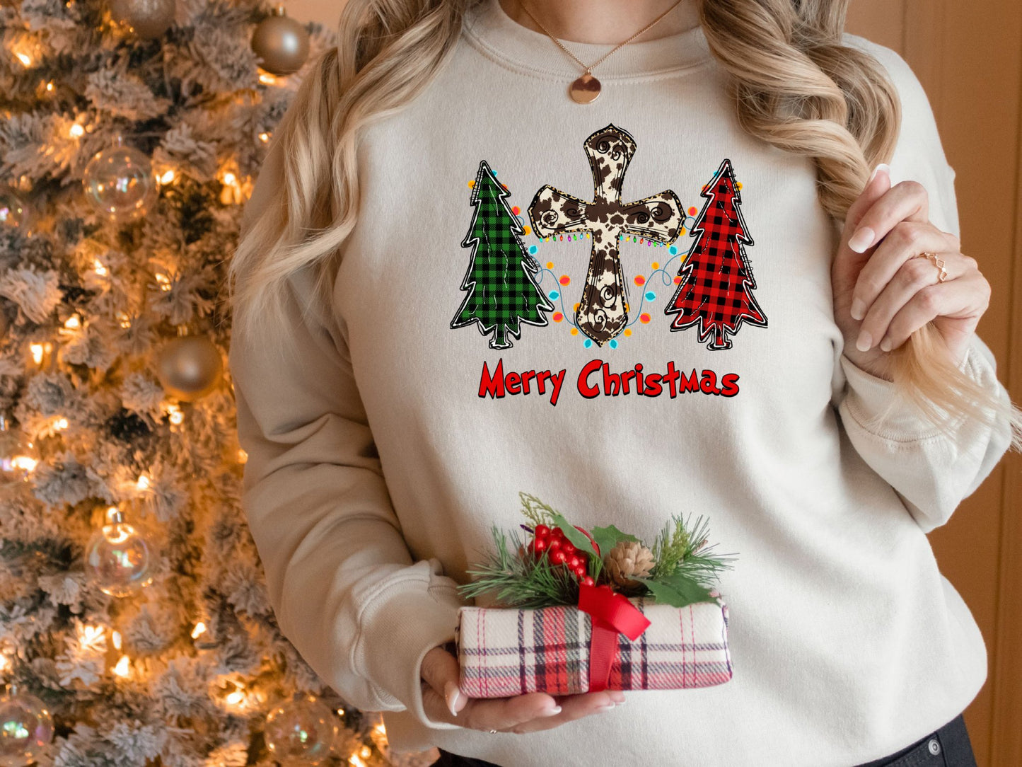 Merry Christmas Cow Print Cross Buffalo Plaid Tree Sweatshirt, Christmas Sweater, Cute Christmas Shirt, Holiday Shirt, Xmas Gifts - Mardonyx Sweatshirt