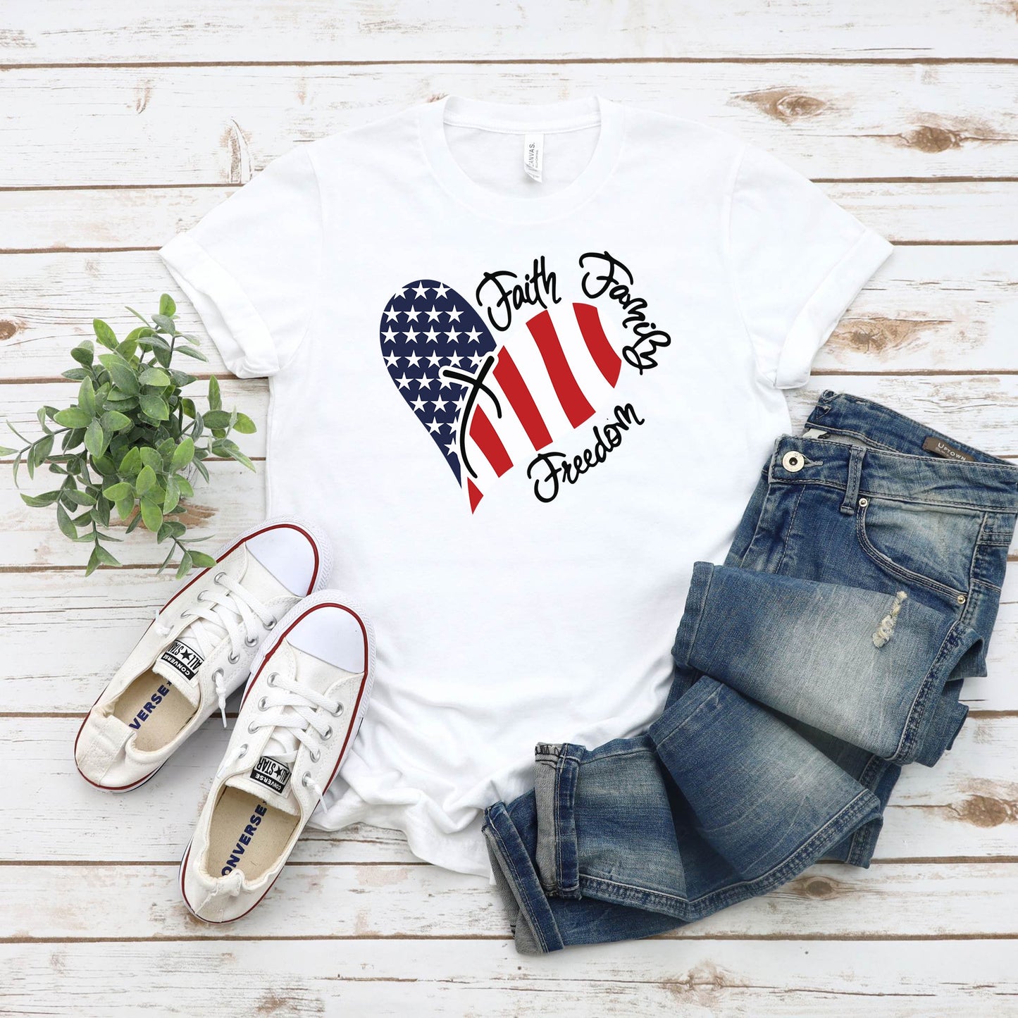 Women's Patriotic American Flag Faith Family Freedom T-Shirt