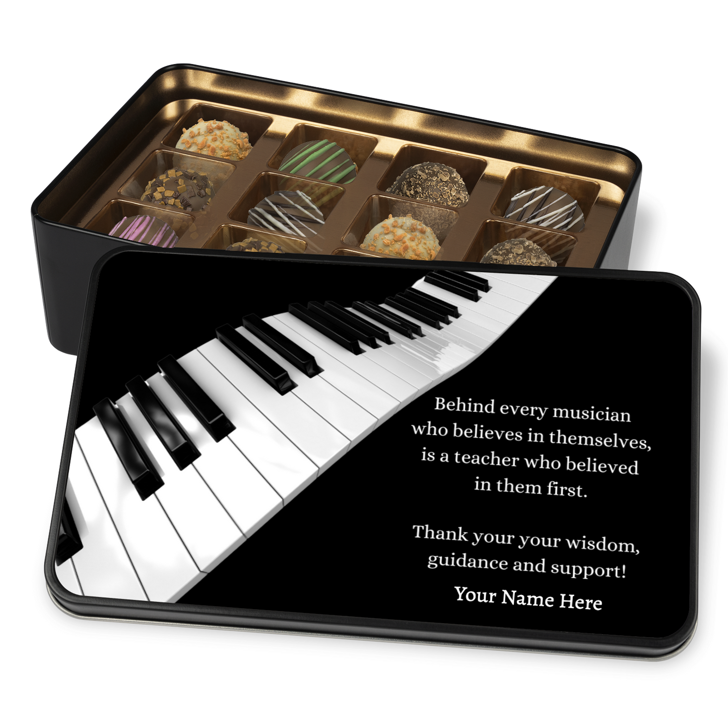 Personalized Piano Teacher Chocolate Truffles in Keepsake Tin