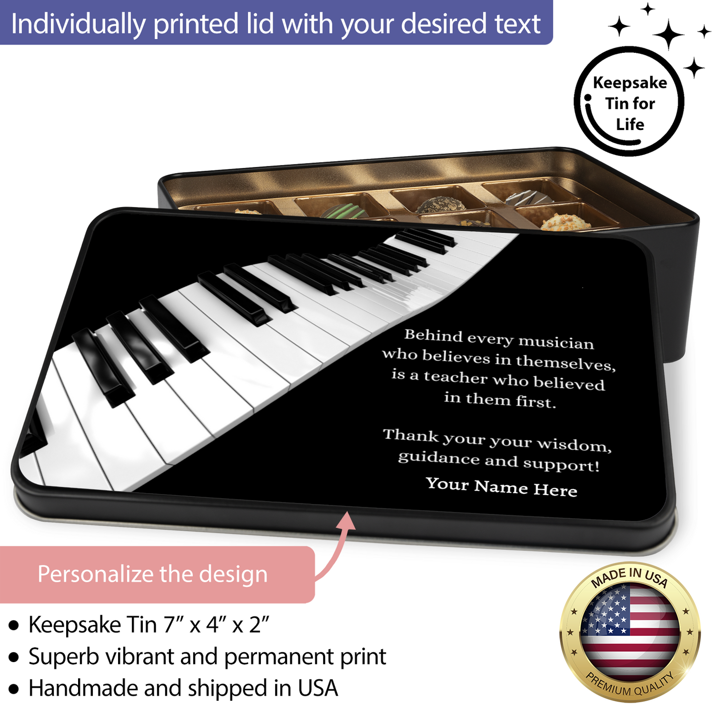 Personalized Piano Teacher Chocolate Truffles in Keepsake Tin