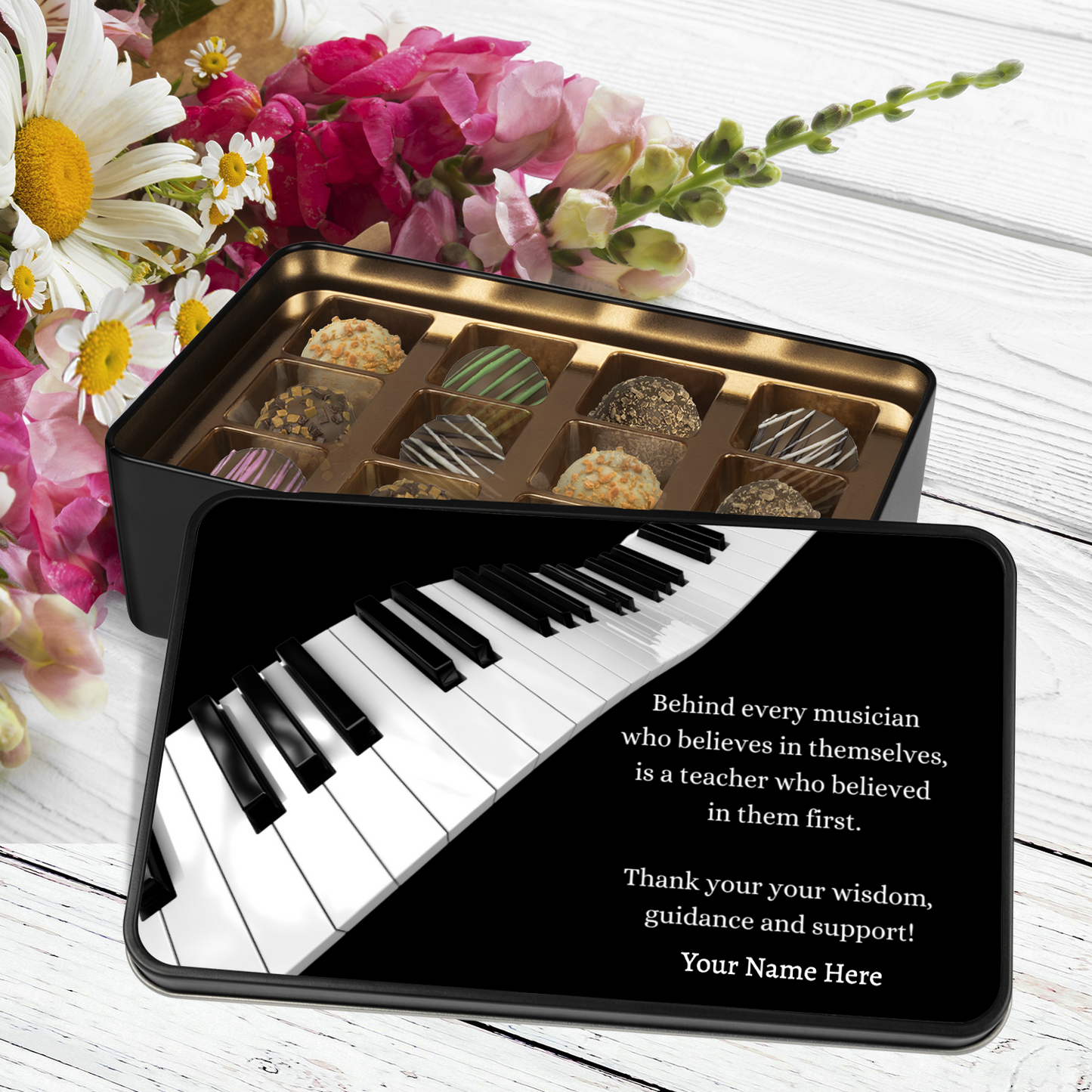 Personalized Piano Teacher Chocolate Truffles in Keepsake Tin