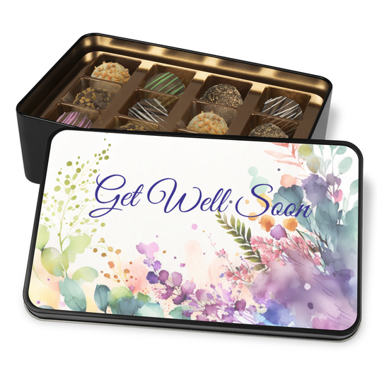 Floral Get Well Soon Chocolate Truffles - 12 Artisan Chocolates in a Keepsake Tin - Mardonyx Candy