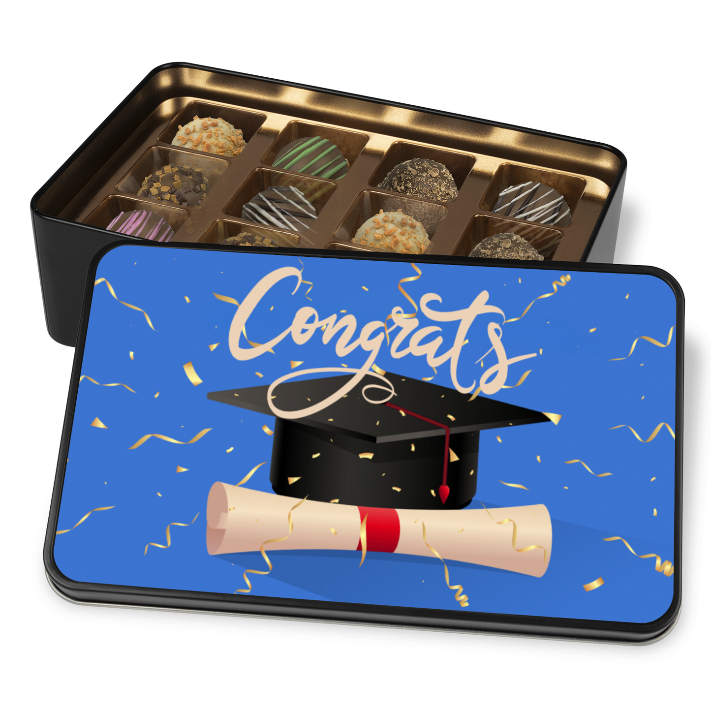 Congrats Graduation Truffle Box - Assorted Flavors in Blue-themed Keepsake Tin