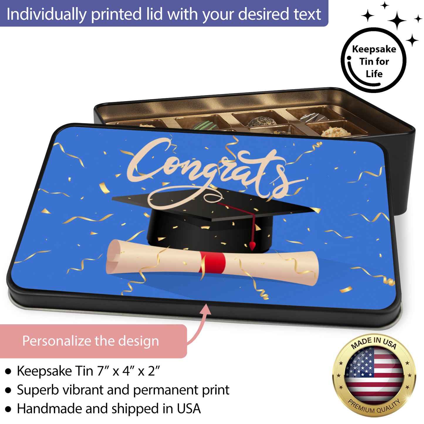 Congrats Graduation Truffle Box - Assorted Flavors in Blue-themed Keepsake Tin