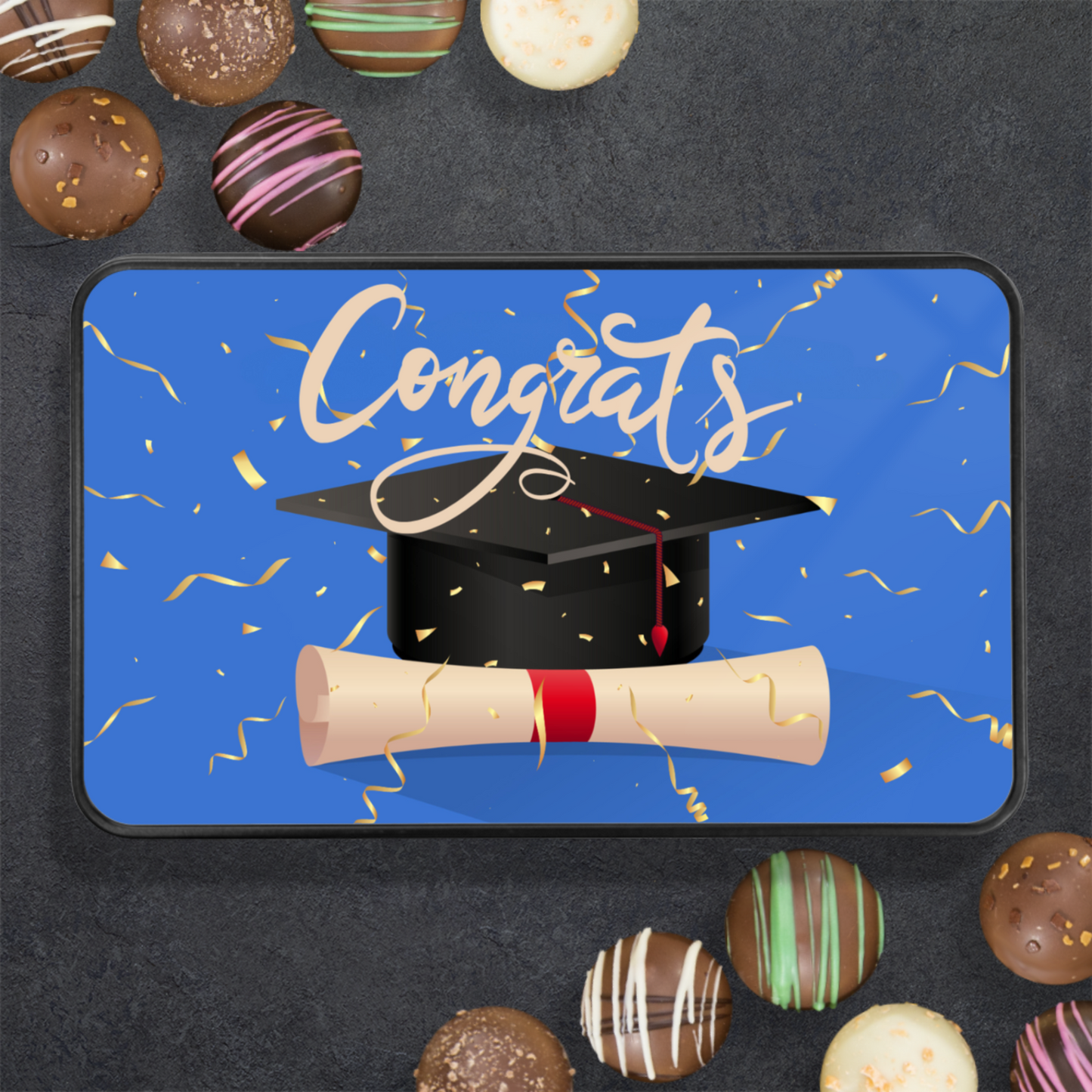 Congrats Graduation Truffle Box - Assorted Flavors in Blue-themed Keepsake Tin