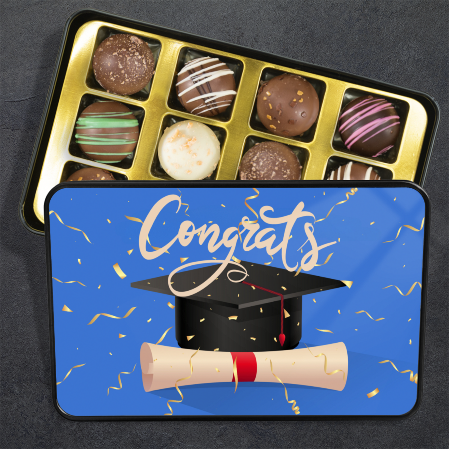 Congrats Graduation Truffle Box - Assorted Flavors in Blue-themed Keepsake Tin
