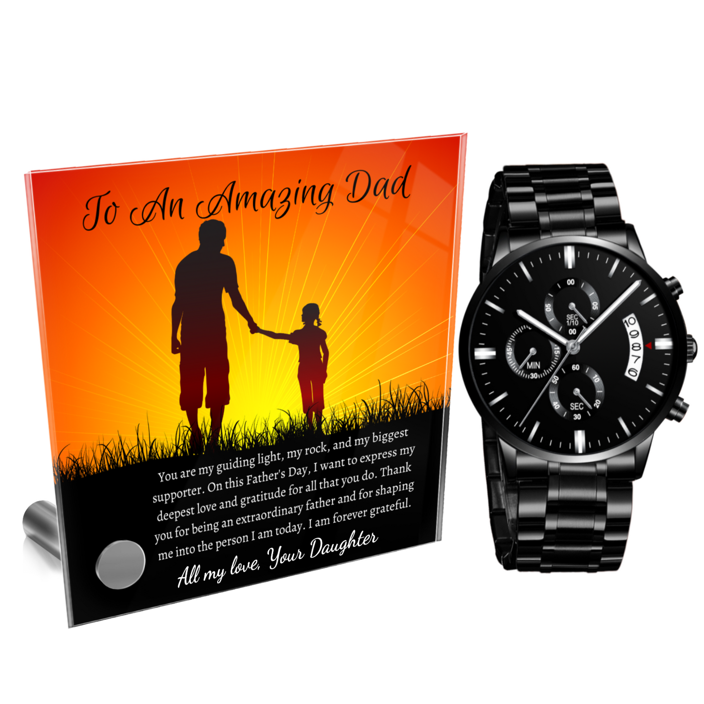Fathers Day Gift From Daughter - Personalized Glass Message Card and Watch Set - Mardonyx