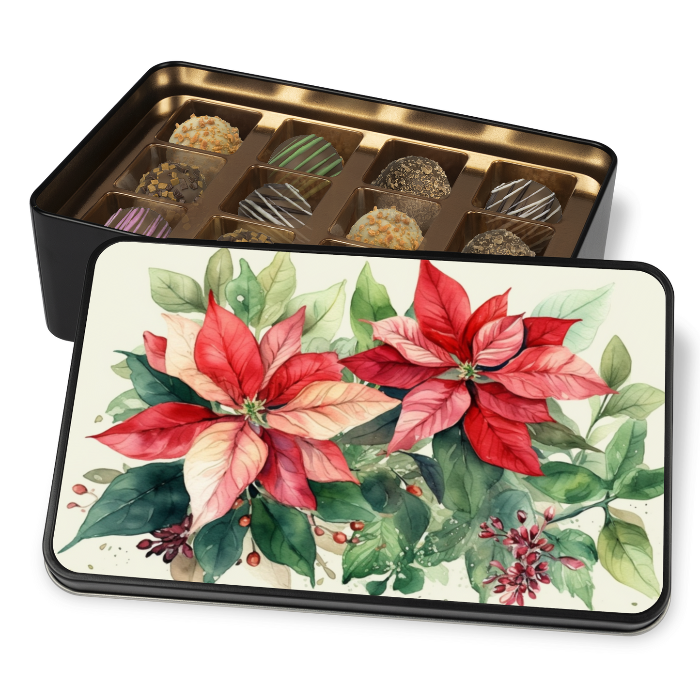 Artistic Poinsettia Chocolate Truffles: Indulgence in a Stunning Tin - Mardonyx Candy