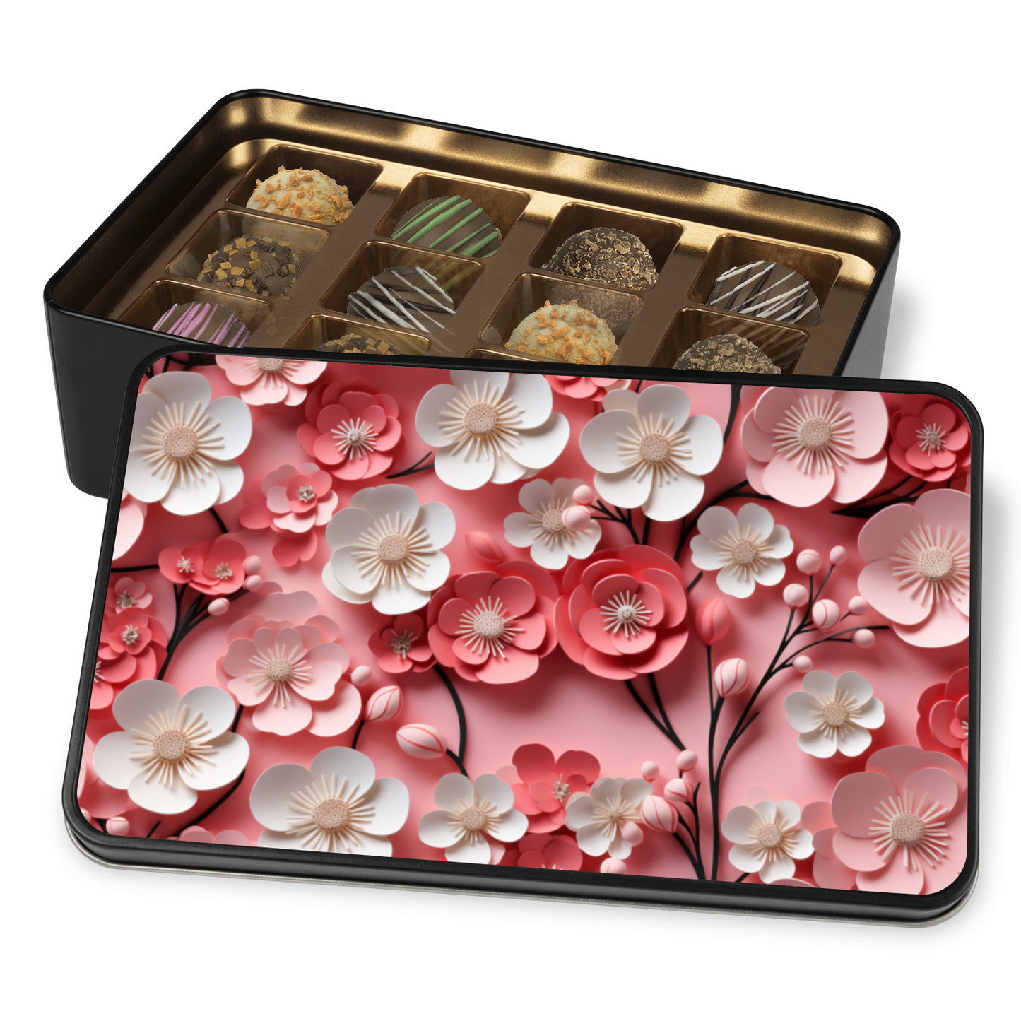 Paper Flower Pink and White Keepsake Chocolate Truffles Tin