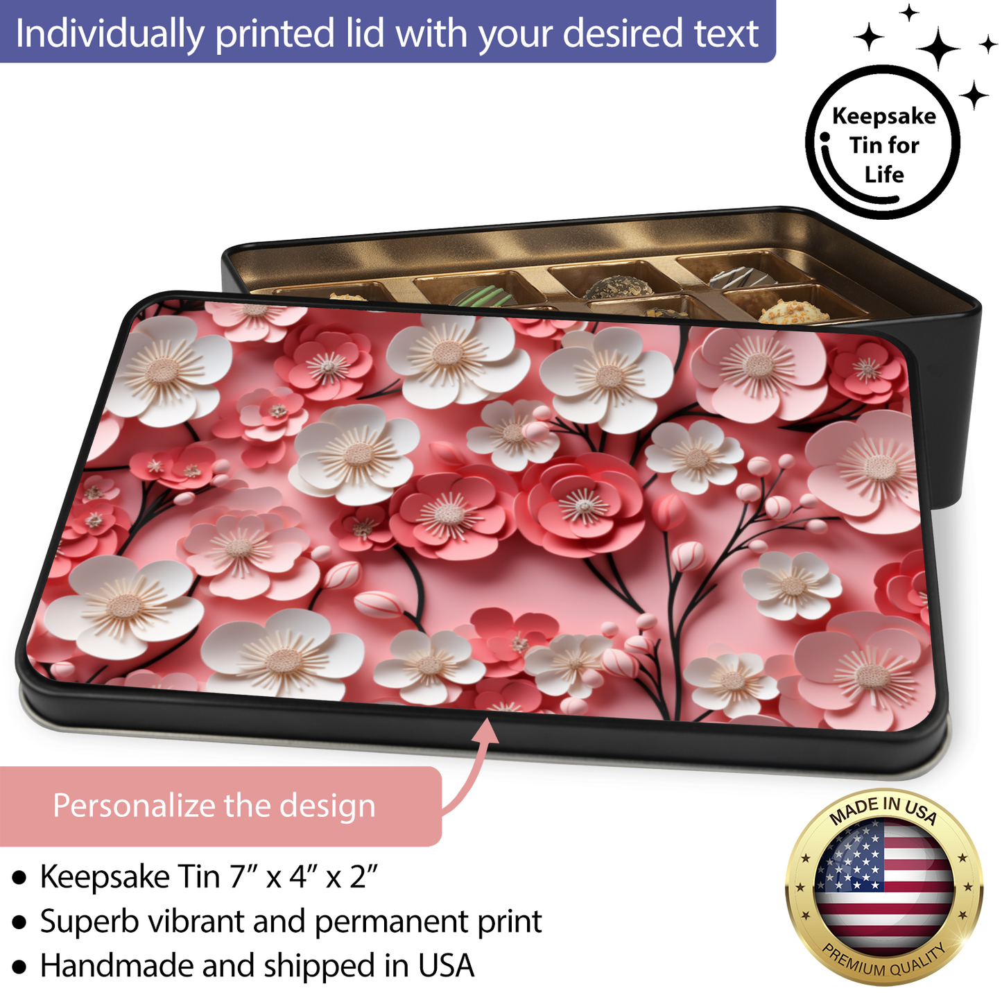 Paper Flower Pink and White Keepsake Chocolate Truffles Tin