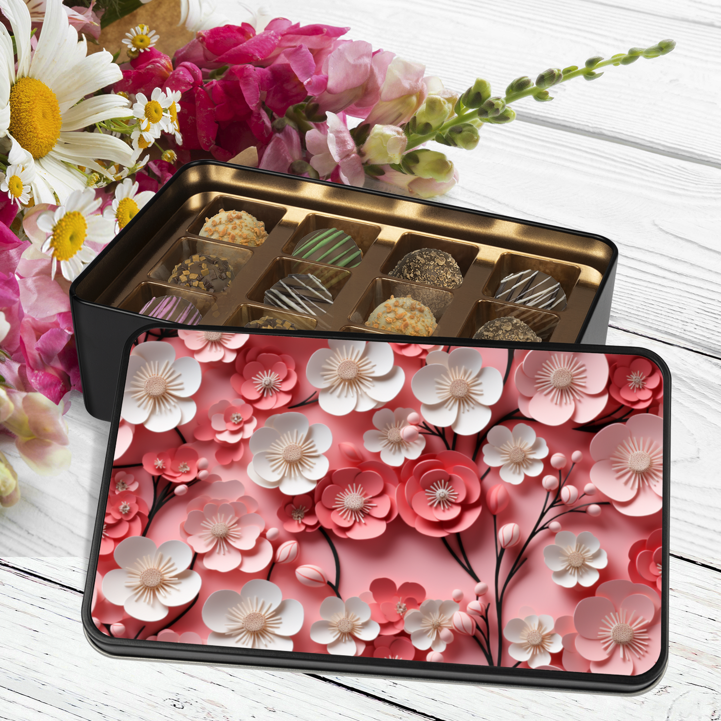 Paper Flower Pink and White Keepsake Chocolate Truffles Tin