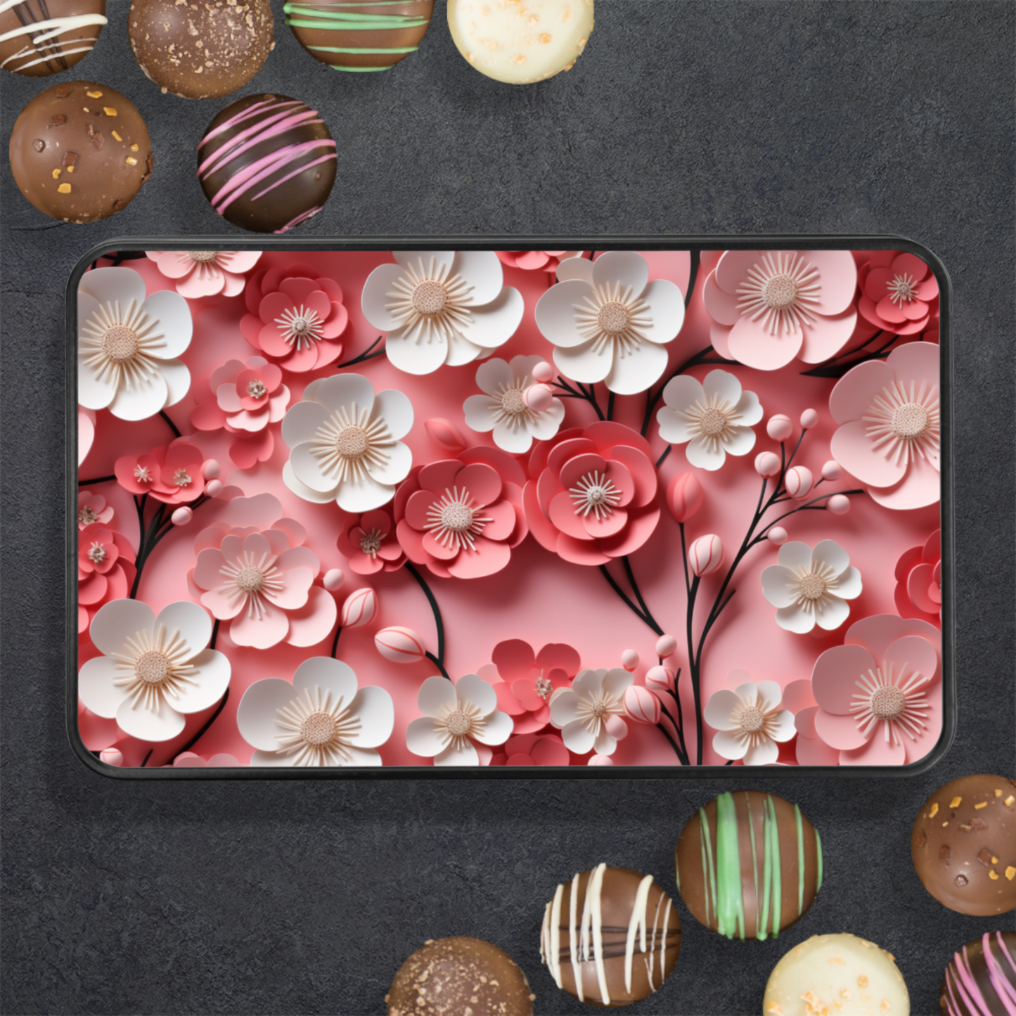 Paper Flower Pink and White Keepsake Chocolate Truffles Tin