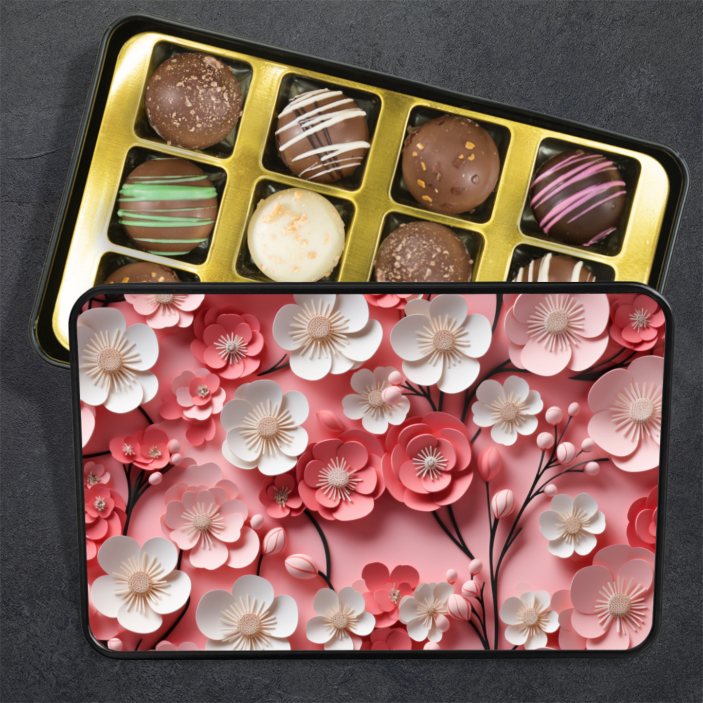 Paper Flower Pink and White Keepsake Chocolate Truffles Tin