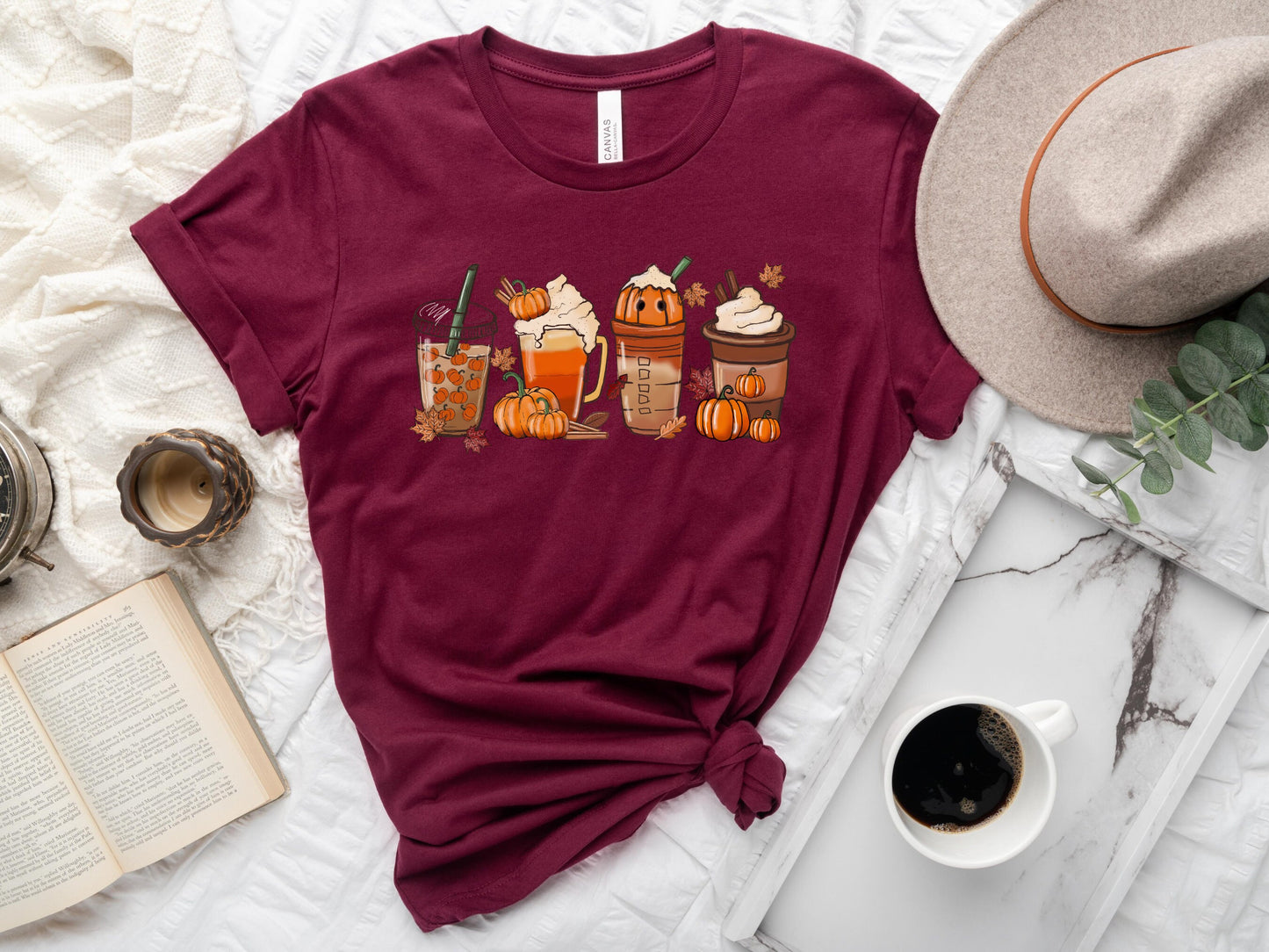 Fall Pumpkin Spice Coffee TShirt, Coffee Lovers Shirt - Mardonyx T-Shirt Maroon / S