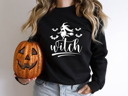 Women's Witch Broom Flying Halloween Sweatshirt with Bats