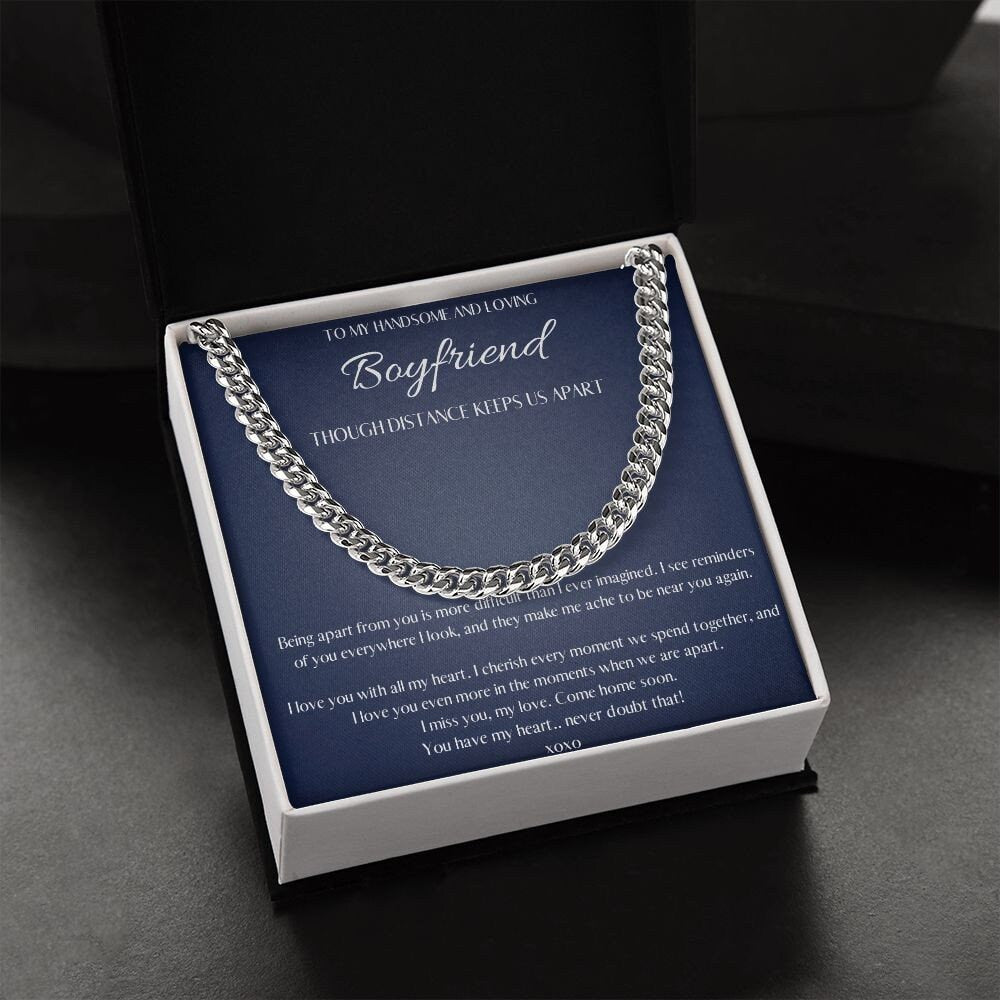 Boyfriend Long Distance Gift, Boyfriend Necklace Personalized, Boyfriend Necklace silver, Cuban Chain Necklace, Romantic Gift for Boyfriend - Mardonyx Jewelry Stainless Steel / Luxury Box