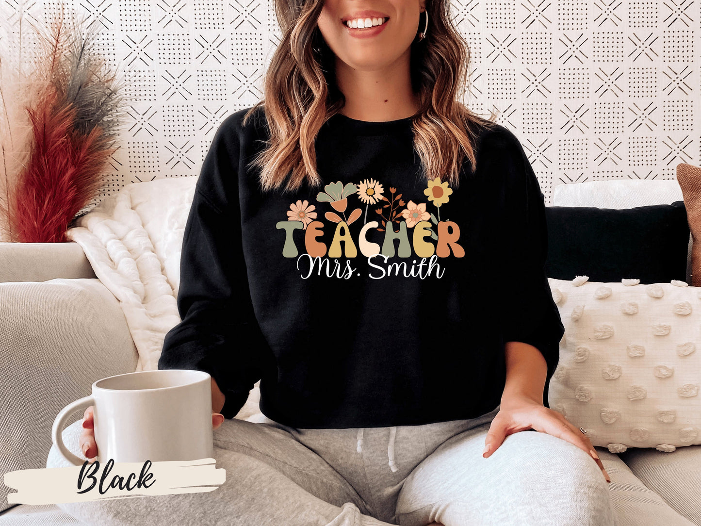 Personalized Teacher Sweatshirt, Groovy Retro Wildflowers Teacher Crewneck Sweatshirt, Gift for Teacher, Custom Gifts for Teacher Name Shirt