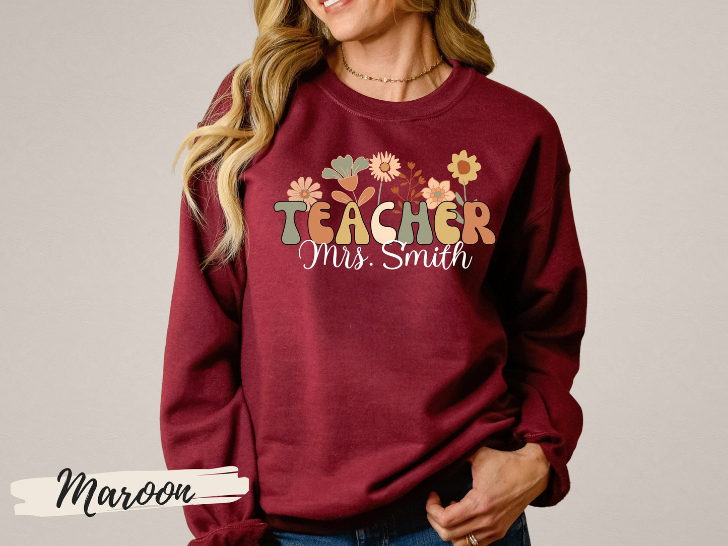 Personalized Teacher Sweatshirt, Groovy Retro Wildflowers Teacher Crewneck Sweatshirt, Gift for Teacher, Custom Gifts for Teacher Name Shirt