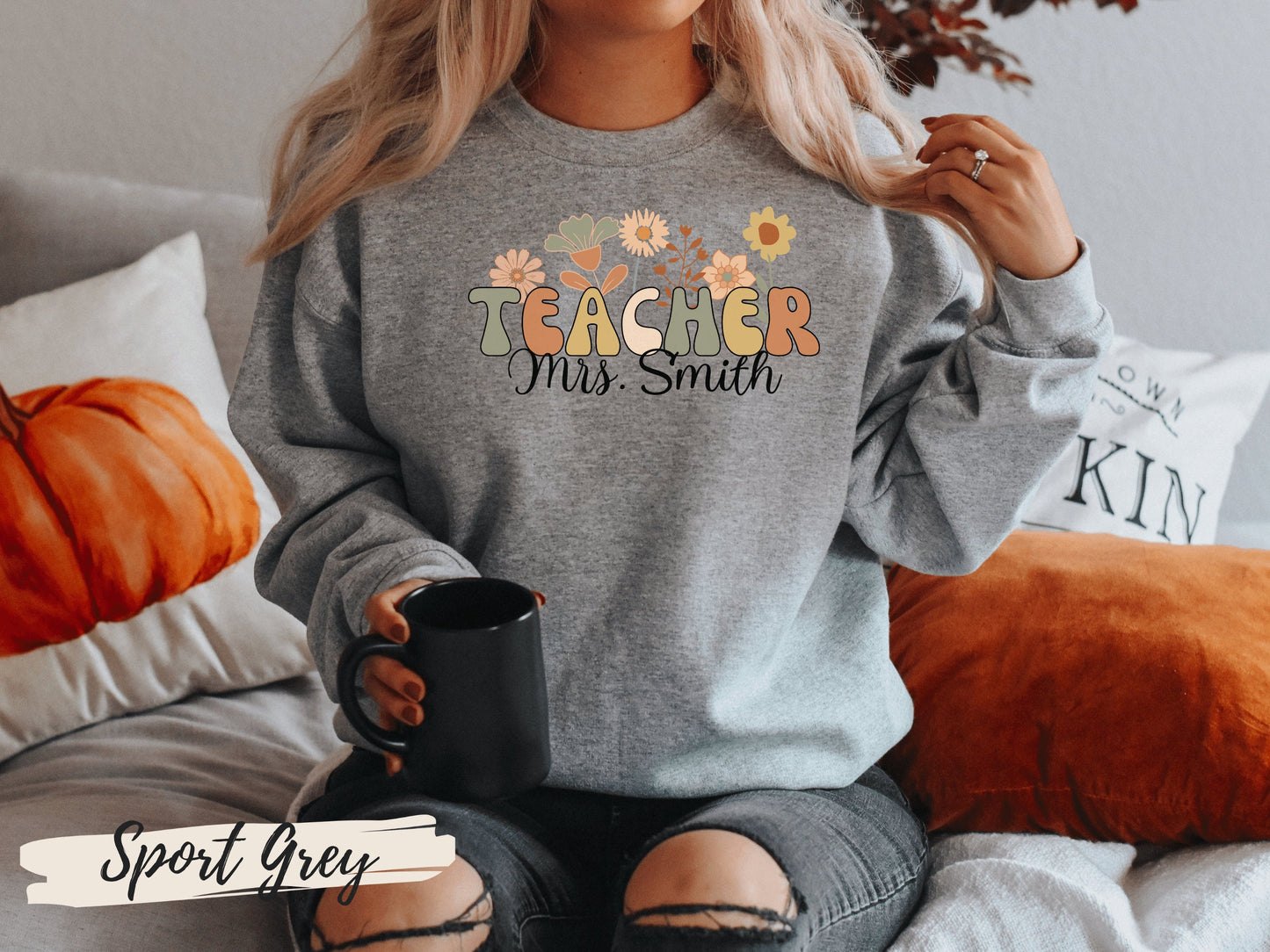 Personalized Teacher Sweatshirt, Groovy Retro Wildflowers Teacher Crewneck Sweatshirt, Gift for Teacher, Custom Gifts for Teacher Name Shirt