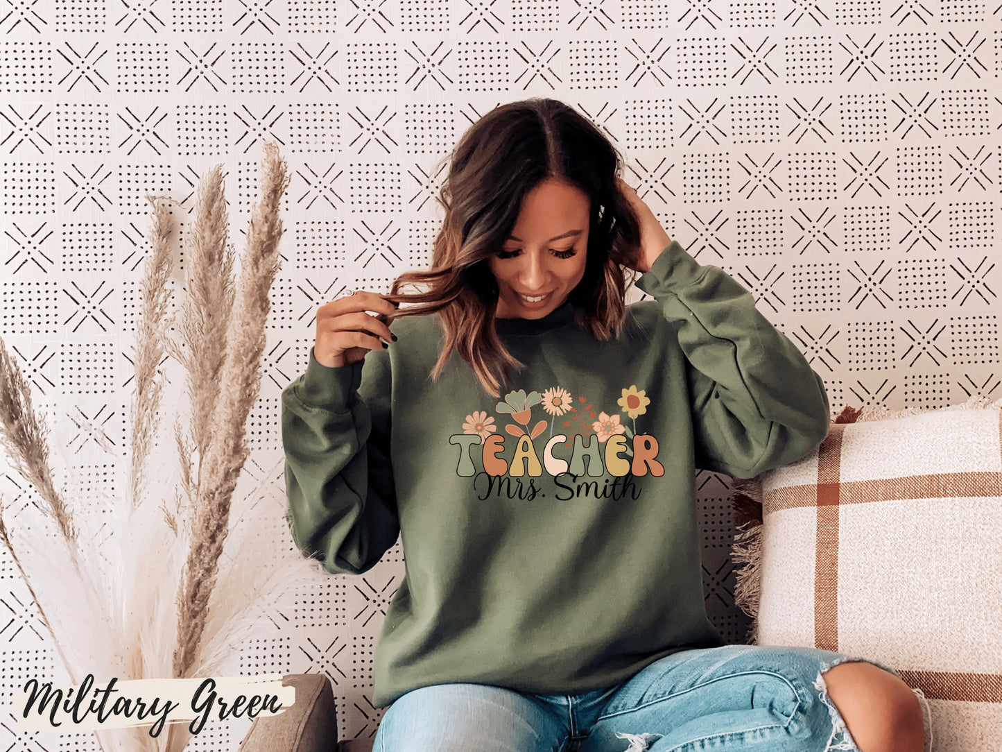 Personalized Teacher Sweatshirt, Groovy Retro Wildflowers Teacher Crewneck Sweatshirt, Gift for Teacher, Custom Gifts for Teacher Name Shirt