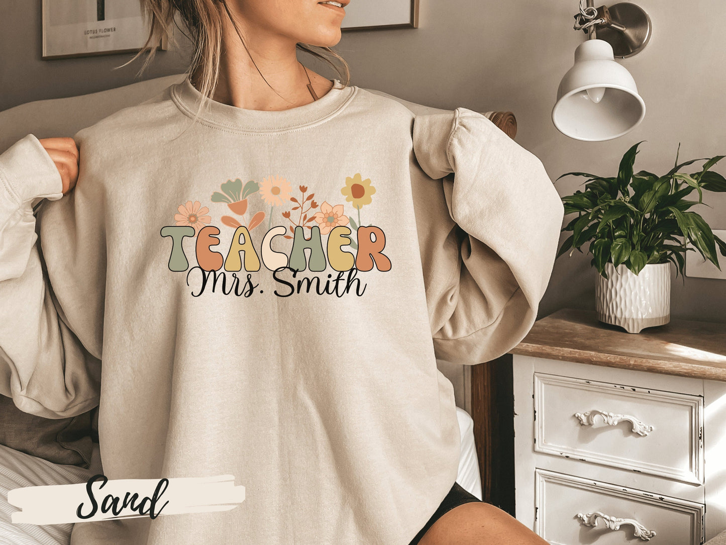 Personalized Teacher Sweatshirt, Groovy Retro Wildflowers Teacher Crewneck Sweatshirt, Gift for Teacher, Custom Gifts for Teacher Name Shirt