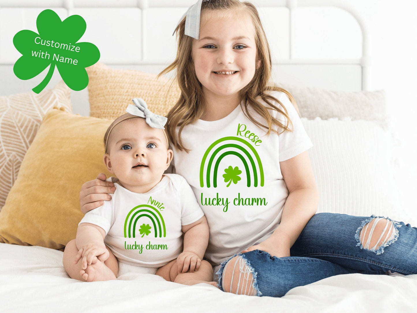 Personalized Lucky Charm Rainbow and Shamrock Baby OnesieĀ® and Toddler Shirt