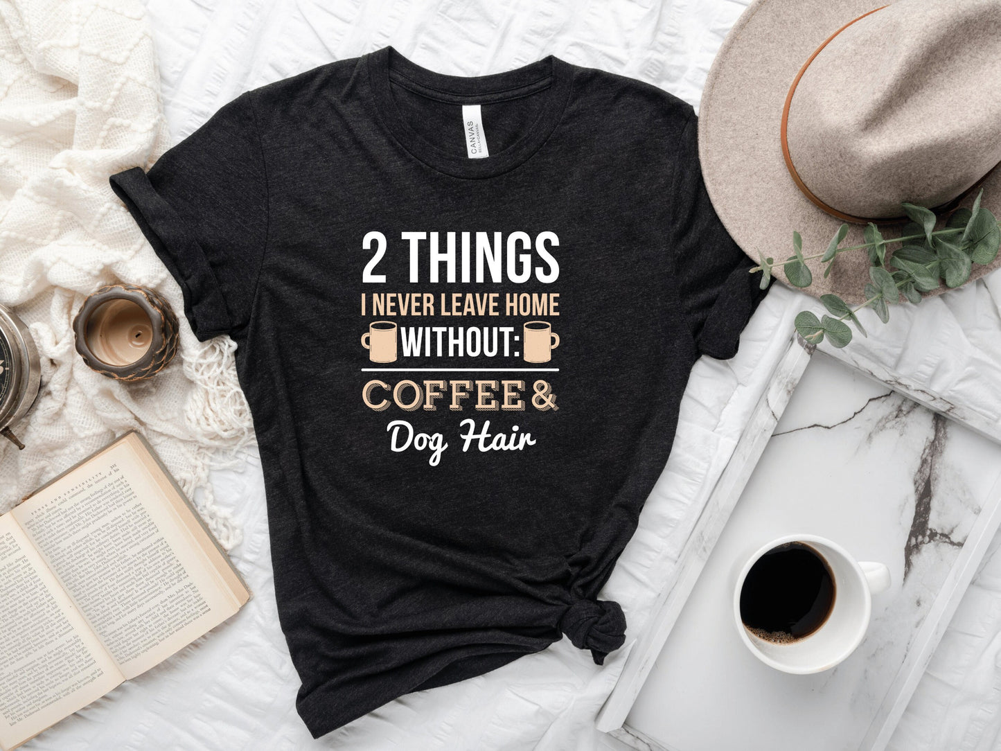 Funny Coffee & Dog Hair Graphic T Shirt, Fun Dog Mom Tee, Coffee Lover Shirt, Typography Dog Dad Tee, Mom Gift Idea, Casual Tee with Saying - Mardonyx T-Shirt