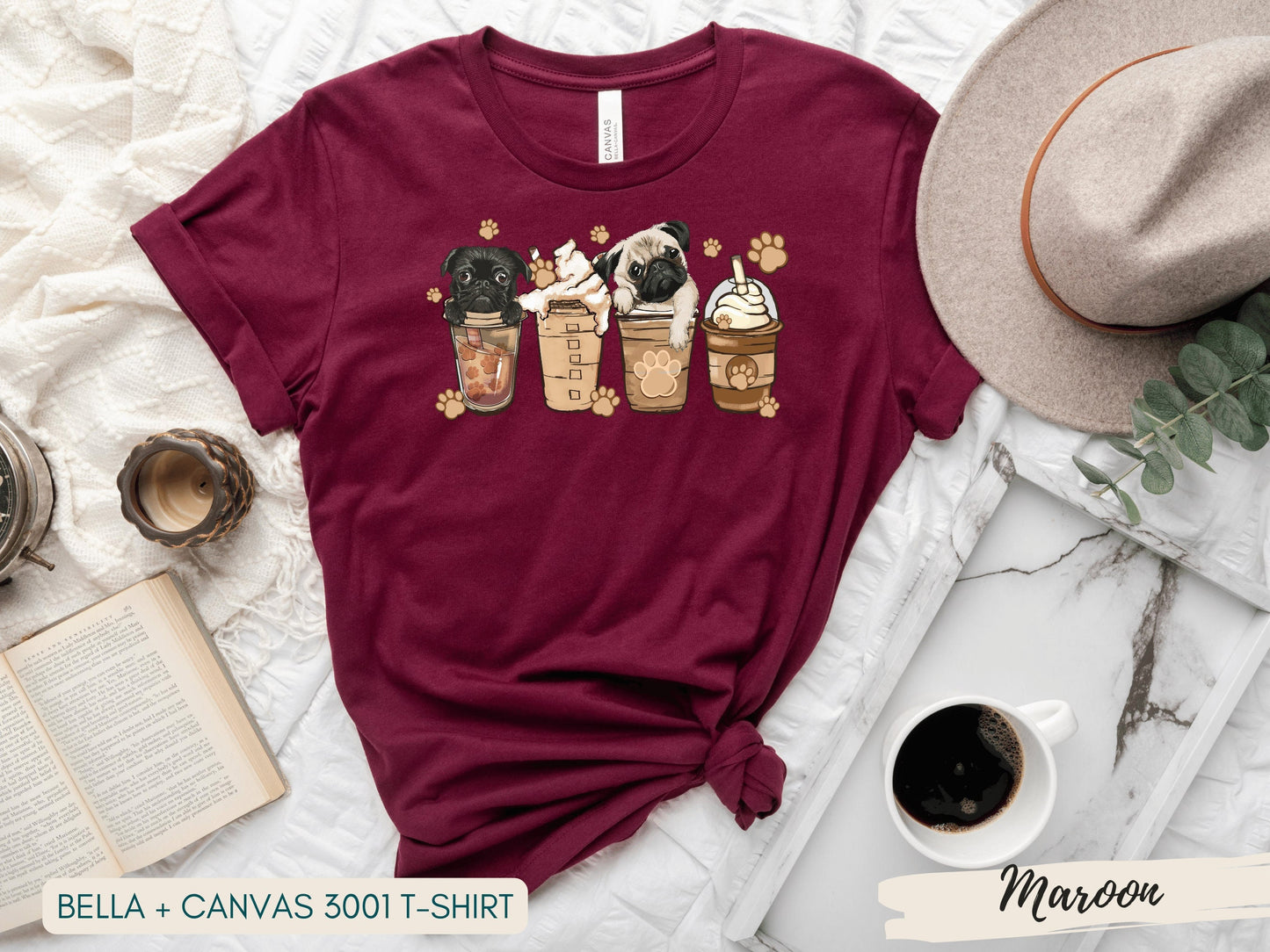Pug Shirt, Cute Pug Love Gift, Black Pug Shirt, Coffee Lover Shirt, Gift for Pug Dog Mom