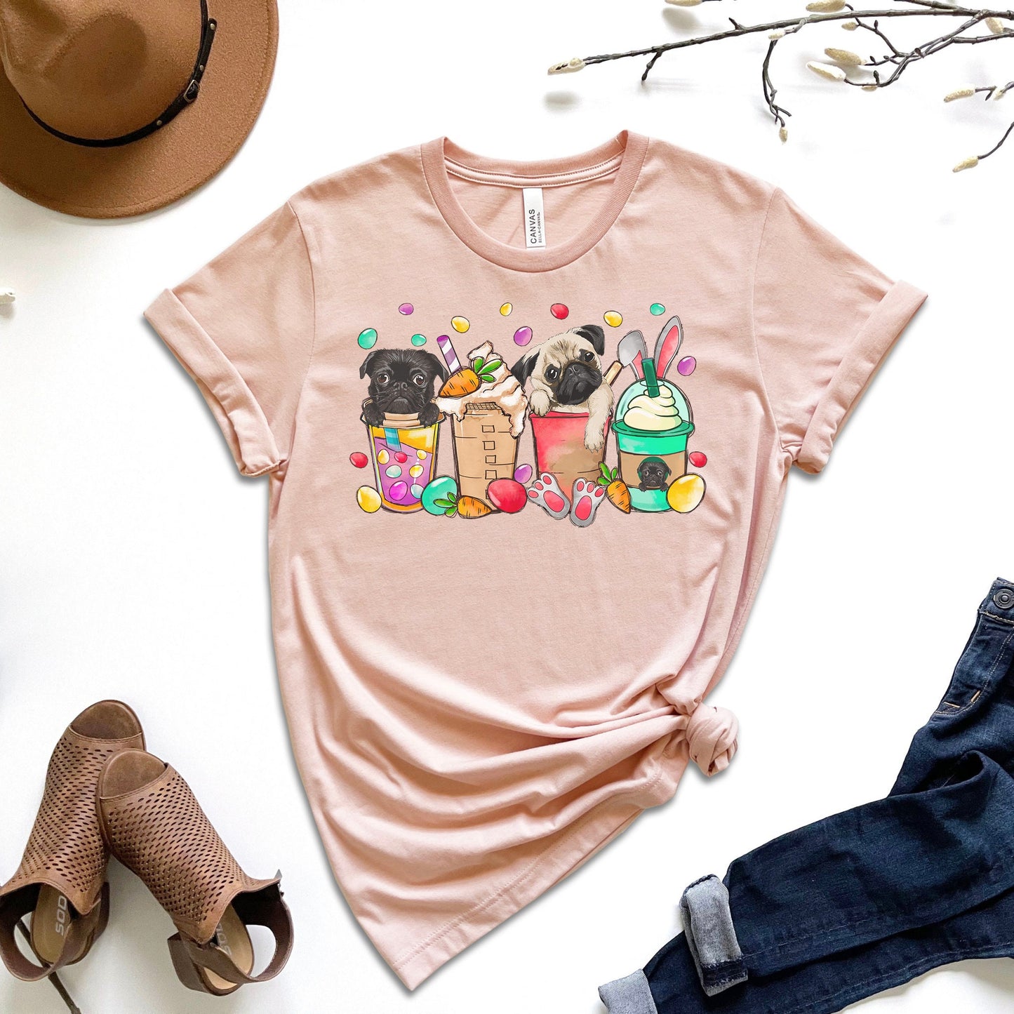 Easter Pug T-Shirt, Pug Lover Shirt, Easter Gift for Pug Mom, Gift From Dog, Womens Easter Shirt, Pug Lover Gift, Pug Mama Shirt - Mardonyx T-Shirt Heather Peach / XS