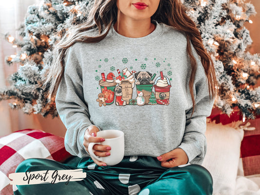 Pug Christmas Sweatshirt, Pug Coffee Lover Holiday Sweatshirt, Coffee Pug Lover Gift, Gift for Dog Mom, Pug Lover Gift